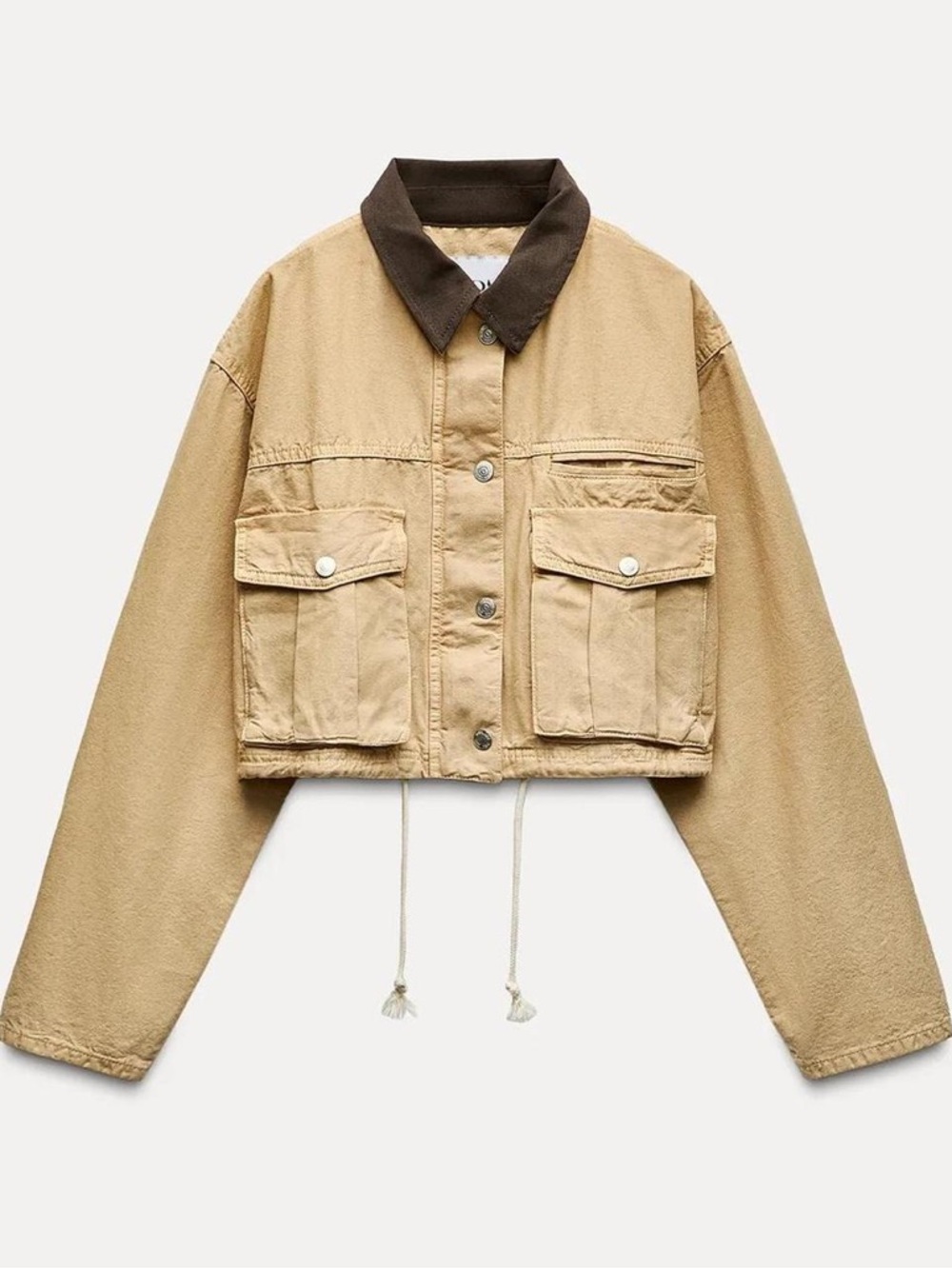 Zara Beige Cropped Utility Jacket with Dark Brown Collar